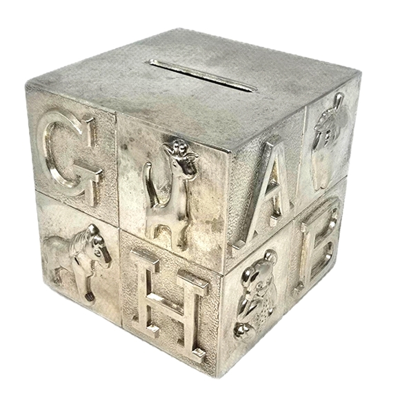 Vintage Silverplated Piggybank Animal Alphabet Block Bank Baby Toddler Child - Picture 1 of 7